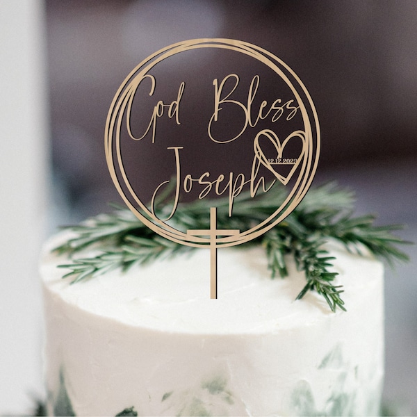 God bless cake topper,Personalized natural wood cake topper,Baptism cake topper, Wreath christening cake topper, First communion cake toppe