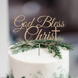Baptism cake topper,Boho Floral God Bless cake topper, Wreath Christening cake topper, First Communion cake topper,Custom names cake topper