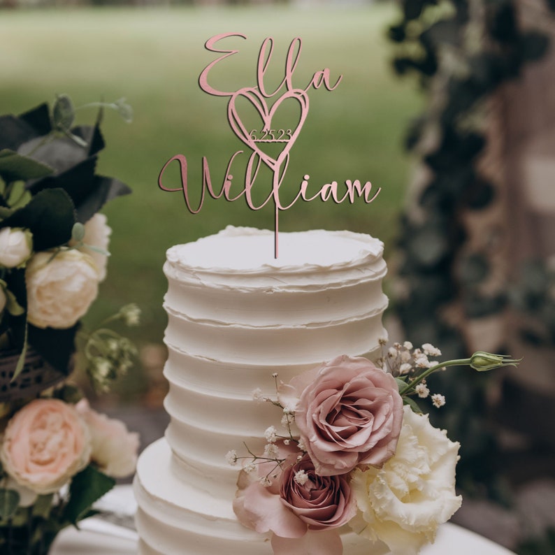 Décoration de gâteau pour mariage, décoration de gâteau de mariage avec un coeur et une date, décoration de gâteau personnalisée en forme de coeur, décoration de gâteau d'anniversaire Rose Gold