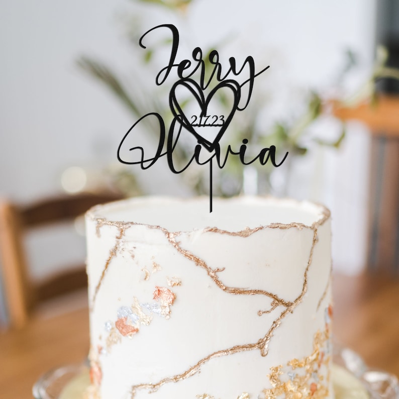 Décoration de gâteau pour mariage, décoration de gâteau de mariage avec un coeur et une date, décoration de gâteau personnalisée en forme de coeur, décoration de gâteau d'anniversaire Noir