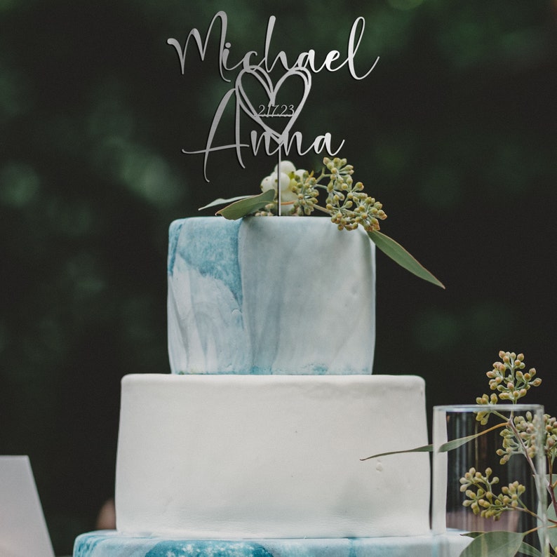 Décoration de gâteau pour mariage, décoration de gâteau de mariage avec un coeur et une date, décoration de gâteau personnalisée en forme de coeur, décoration de gâteau d'anniversaire Silver Mirror