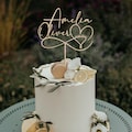 Name Cake Toppers, Personalized Natural Wood Wedding Cake Topper with Heart and Date, Wedding Cake Decorations product logo