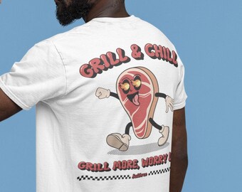 Grill And Chill, Unisex tshirt, Summer Pop art tshirt, Gift for him, Funny Retro shirt, Aesthetic clothing, Graphic Tees, BBQ shirt for him
