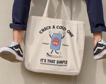 Crack A Cold One Tote Bag, Retro Canvas tote bag, Gift for Him, Funny Shopping bag, Vintage Graphic bag, Aesthetic tote bag, Christmas gifts