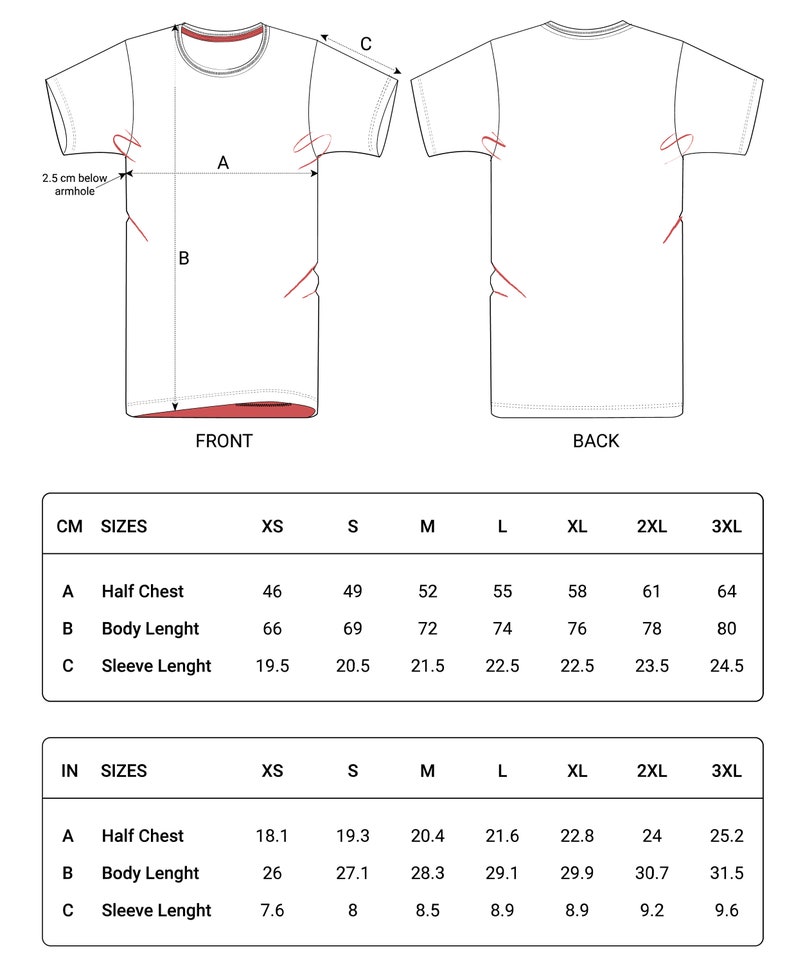 May include: A size chart for a t-shirt with measurements in inches and centimeters. The chart shows the measurements for the half chest, body length, and sleeve length for sizes XS to 3XL.