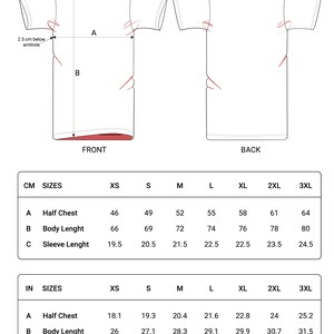 Puede incluir: Una tabla de tallas para una camiseta con medidas en pulgadas y cent&iacute;metros. La tabla muestra las medidas de la mitad del pecho, la longitud del cuerpo y la longitud de la manga para las tallas XS a 3XL.