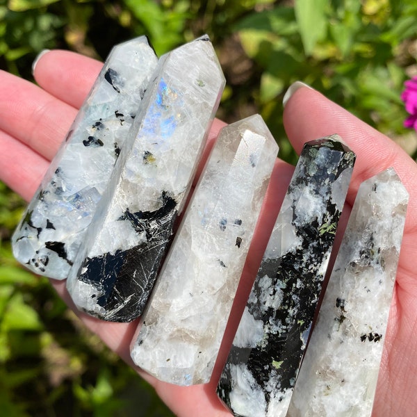 Moonstone Tower Points | Moonstone Crystal | Obelisk Black & White Small Rainbow Moonstone Tower