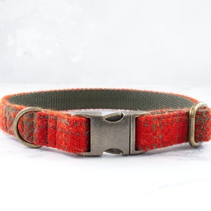 Harris Tweed® Dog Collar, Tweed Dog Collar, Plaid Dog Collar, Handmade Dog Collar, Dog Lead, Girl Dog Collar, Large Collar, Orange Plaid