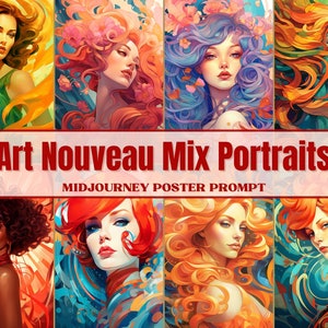 Polecenie Midjourney „Art Nouveau Mix Portraits” Wersja 5.1 | Polecenie plakatu dla kobiet | Sztuka AI | Natychmiastowy dostęp | kopiuj i wklej
