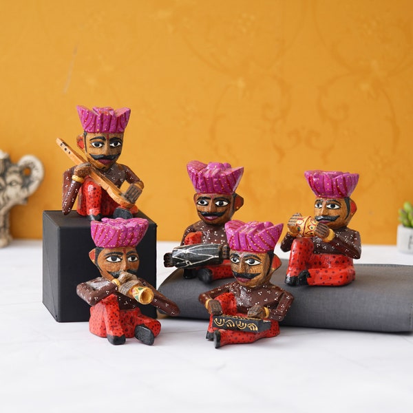 Wooden Rajasthani Musician Set - Handcrafted Traditional Musical Figurines for Home Decor