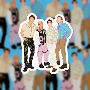 May include: Four men standing together, wearing different patterned shirts and pants. The man on the left is wearing a white shirt with black and gold patterned pants. The man in the middle is wearing a black jacket with pink and white patterned pants. The man on the right is wearing a blue and white patterned shirt with brown pants.