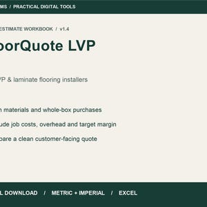 Peut inclure: Un classeur d'estimation Excel intitulé FloorQuote LVP v1.4 pour les installateurs de revêtements de sol. Le document présente un texte vert foncé sur fond clair, détaillant la planification des matériaux et les devis clients.