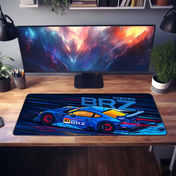 Blue BRZ Desk Mat - High-Speed Racing Car Mouse Pad with Dynamic Light Streaks - Gift for Car Enthusiasts