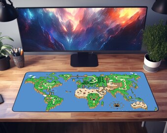 Super Mario World Style Earth Map Desk Mat - Colorful Gaming Mouse Pad - Unique Gamer and Geographer Gift