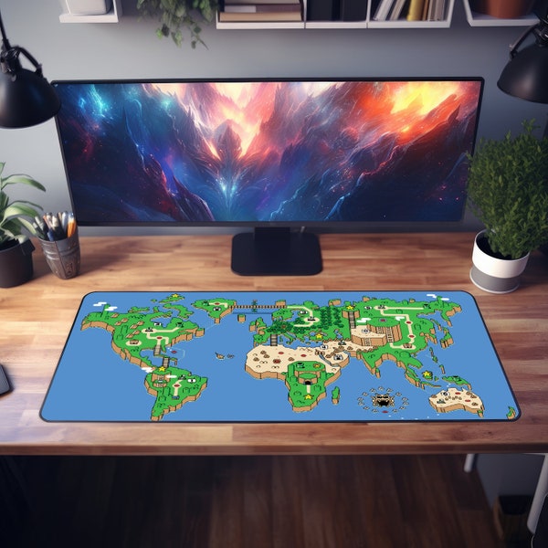 Super Mario World Style Earth Map Desk Mat - Colorful Gaming Mouse Pad - Unique Gamer and Geographer Gift