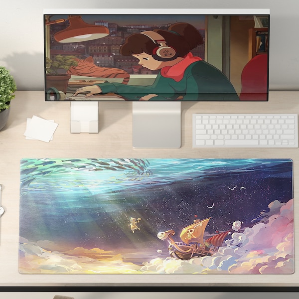 One Piece Thousand Sunny Sailing Desk Mat - Anime-Inspired Pastel Ocean Clouds Mouse Pad - Gift for Fans