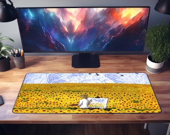 Artistic Desk Mat - Van Gogh and Tintin Style Sunflower Field - Unique Painterly Mouse Pad - Office Decor - Creative Gift for Art Lovers