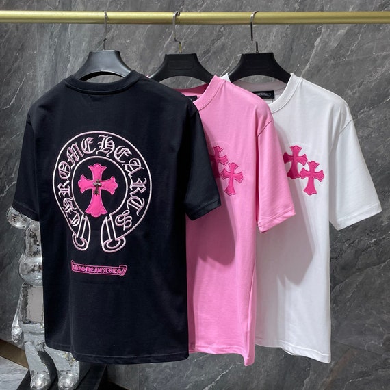 Pink Cross Horseshoe Cotton T-shirt/ch Patch Loose T-shirt Chrome