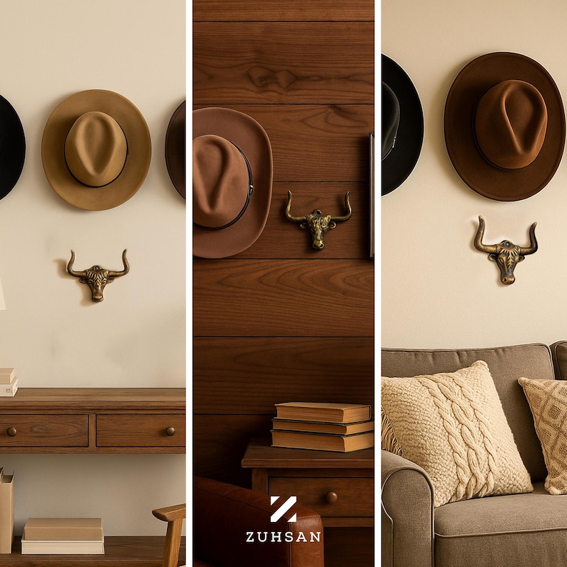 May include: A collection of wide-brimmed felt hats in shades of tan and brown, paired with metallic bull head wall hooks. The display features a logo with the text ZUHSAN, showcasing a coordinated arrangement of headwear and decorative hardware.