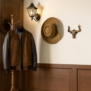 May include: A brown and black jacket hangs on a wooden stand next to a tan cowboy hat and a bronze-colored bull head wall mount. A black metal wall lamp with glass panels is mounted above the jacket, illuminating the wall space.