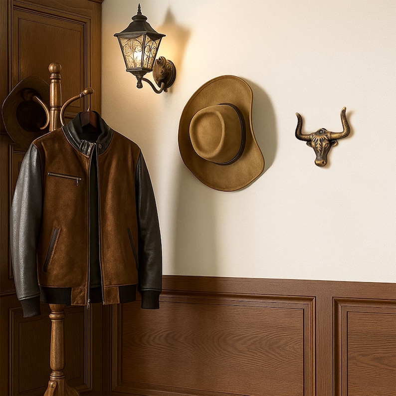 May include: A brown and black jacket hangs on a wooden stand next to a tan cowboy hat and a bronze-colored bull head wall mount. A black metal wall lamp with glass panels is mounted above the jacket, illuminating the wall space.