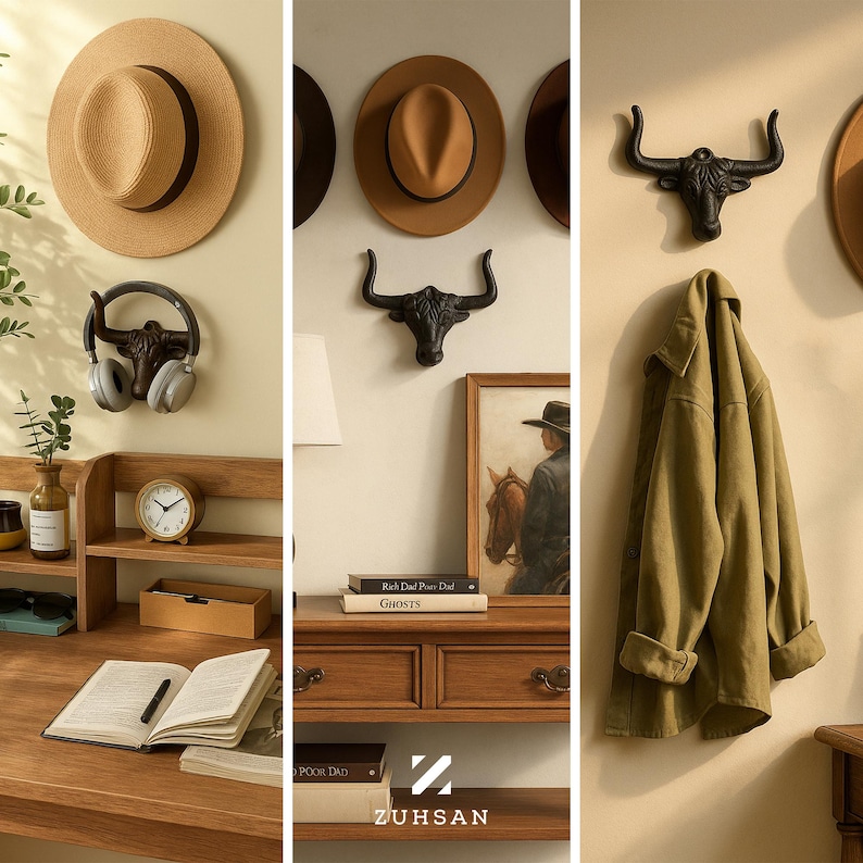 May include: A black bull head wall hook made of metal, featuring detailed horns and facial features. This decorative wall-mounted hook is shown holding various items like headphones, hats, and a green jacket in different settings.