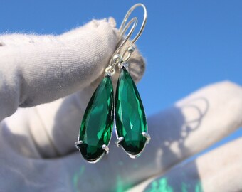 Handmade Sterling Silver Teardrop Earrings: Green Emerald Earrings