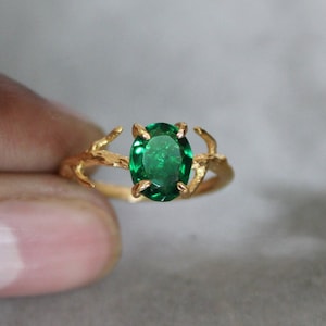Sterling Silver Tree Branch Ring: Gold Twig, Emerald Stone