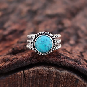 Turquoise Sterling Silver Ring: Three-Band Beaded Gemstone Ring