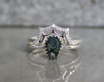925er Silber Spinnennetz-Kronen-Ring: Moosachat-Sarg-Ring