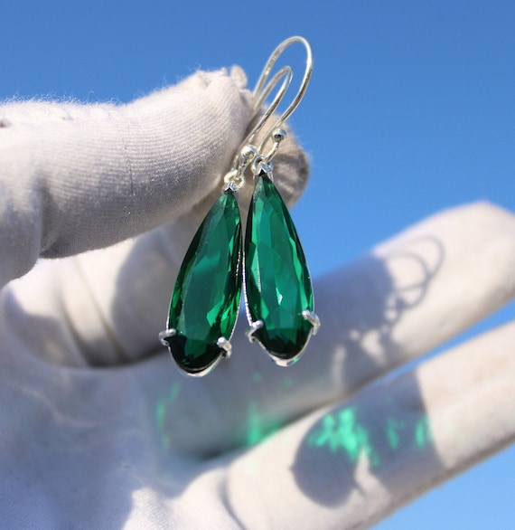 Handmade Sterling Silver Teardrop Earrings: Green Emerald Jewelry