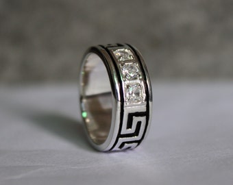Moissanite Greek Key Ring: Sterling Silver Meander Band