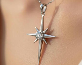 Silver North Star Pendant, Starburst Pendant, Celestial Star Diamond Necklace, Polar Star Pendant, Polaris Jewelry,