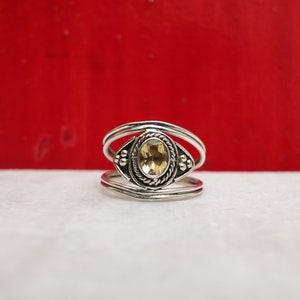 Handmade Sterling Silver Citrine Ring: Double Band Oval Gemstone