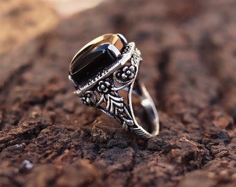 Black Onyx 925 Sterling Silver Filigree Ring