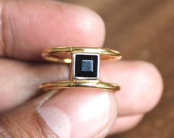Anillo de banda paralela de ónix negro, anillo de oro de doble banda para mujer, anillo cuadrado de ónix negro