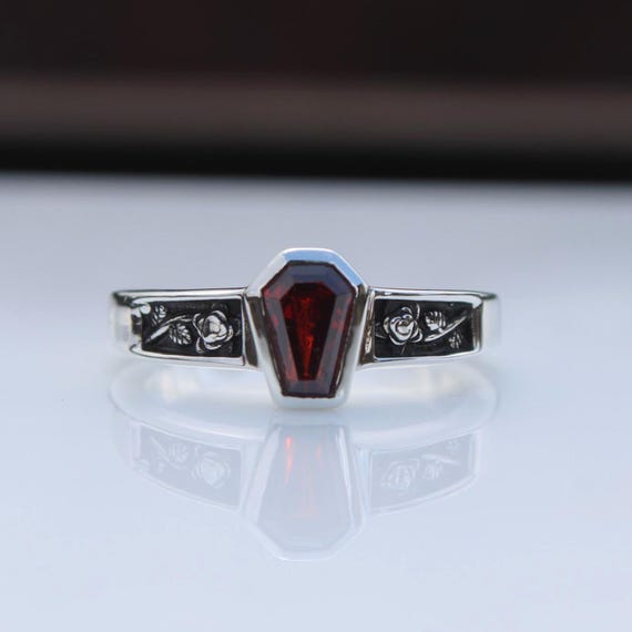 Garnet Flower Coffin Ring, Rebirth Flower Gothic Silver Ring, January Birthstone Coffin Ring
