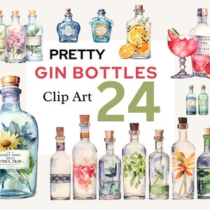 Gin Flaschen alkoholische Getränke Clipart in Aquarell 24 png Bilder für Schreibwaren, Scrapbook, Business, Promo etc INSTANT DOWNLOADS