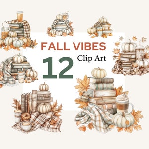 Könnte beinhalten: Ein Set mit 12 Aquarell-Illustrationen zum Thema Herbst. Die Illustrationen zeigen Bücherstapel, Kürbisse, karierte Decken, Kaffeetassen und Herbstblätter. Der Text "FALL VIBES 12 Clip Art" ist in der Mitte des Bildes zu sehen.