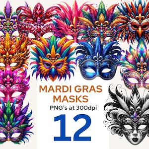 Set di clipart di maschere di Mardi Gras, clipart di maschere da festival, clipart di mascherata, sublimazione di maschere di piume, carnevale fantasy, carnevale di Mardi Gras