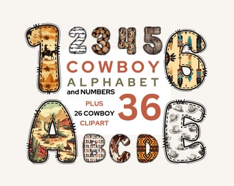 Cowboy Doodle Letters inc Clipart BONUS pack, Cowboy Alphabet/numbers, Cowboy Sublimation png, Western Alphabet png Descarga digital INSTANTÁNEA