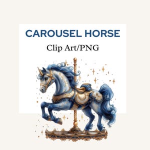 Aquarelle bleu carrousel Clipart, graphique magique de carrousel lunatique, vintage carrousel poney, chambre d'enfant PNG, cow-girl baby shower Clipart