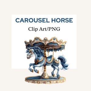 Aquarelle bleu carrousel Clipart, graphique magique de carrousel lunatique, vintage carrousel poney, chambre d'enfant PNG, cow-girl baby shower Clipart