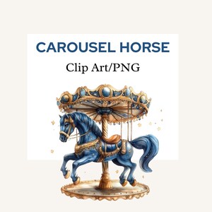 Aquarelle bleu carrousel Clipart, graphique magique de carrousel lunatique, vintage carrousel poney, chambre d'enfant PNG, cow-girl baby shower Clipart
