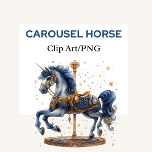 Aquarelle bleu carrousel Clipart, graphique magique de carrousel lunatique, vintage carrousel poney, chambre d'enfant PNG, cow-girl baby shower Clipart