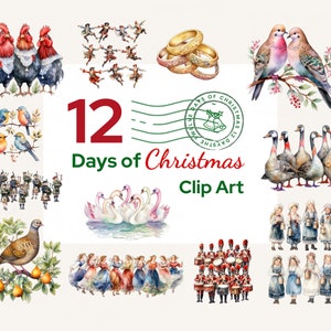 Pacote de clipart de 12 dias de Natal, clipart de férias, clipart de Natal, pngs de Natal, criação de cartão de arte artesanal de enfeite de Natal DOWNLOAD INSTANTÂNEO
