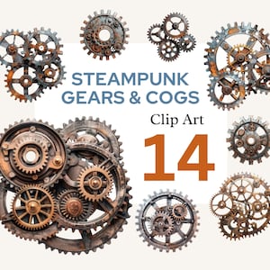 Puede incluir: Un conjunto de 14 imágenes de clipart de engranajes y piñones steampunk. Los engranajes están oxidados y tienen un aspecto desgastado. Las imágenes son perfectas para agregar un toque industrial vintage a tus diseños.