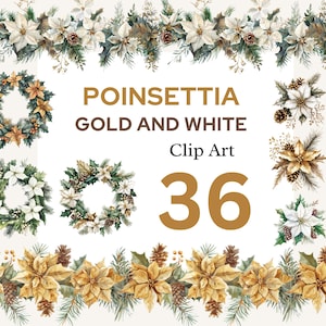 Pacote de clipart de poinsétia de Natal em aquarela com bordas de folhagem de azevinho, guirlandas e buquês de Natal pngs, DOWNLOAD INSTANTÂNEO