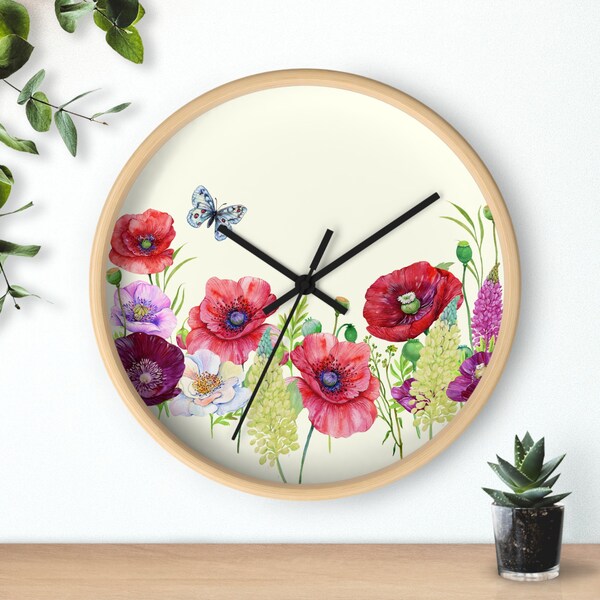 Horloge florale féminine - Art mural et décoration murale coquelicots aquarelle | Horloge murale fleurie | Imprimé floral lumineux | Décoration de pool house