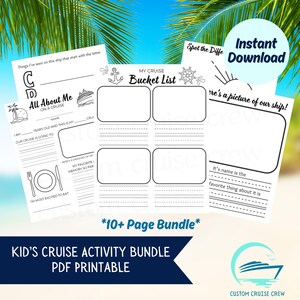 以下が含まれることがあります： クルーズ中の子供たちのための印刷可能なアクティビティバンドル。バンドルには、「自分について」「クルーズのバケットリスト」「違いを見つける」などのアクティビティが含まれています。